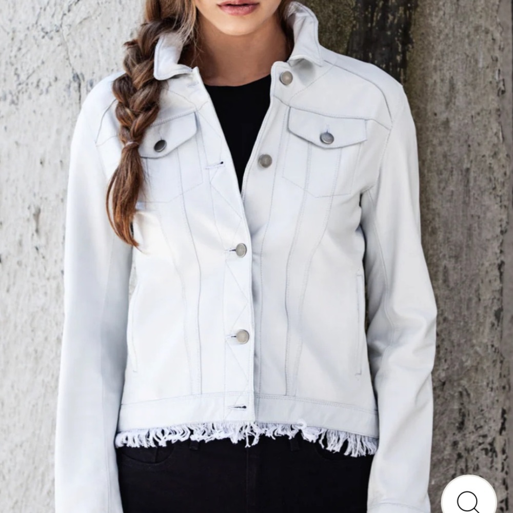 Jakett Alexa Burnished White Leather Jacket Cropped Fringe Hem XS